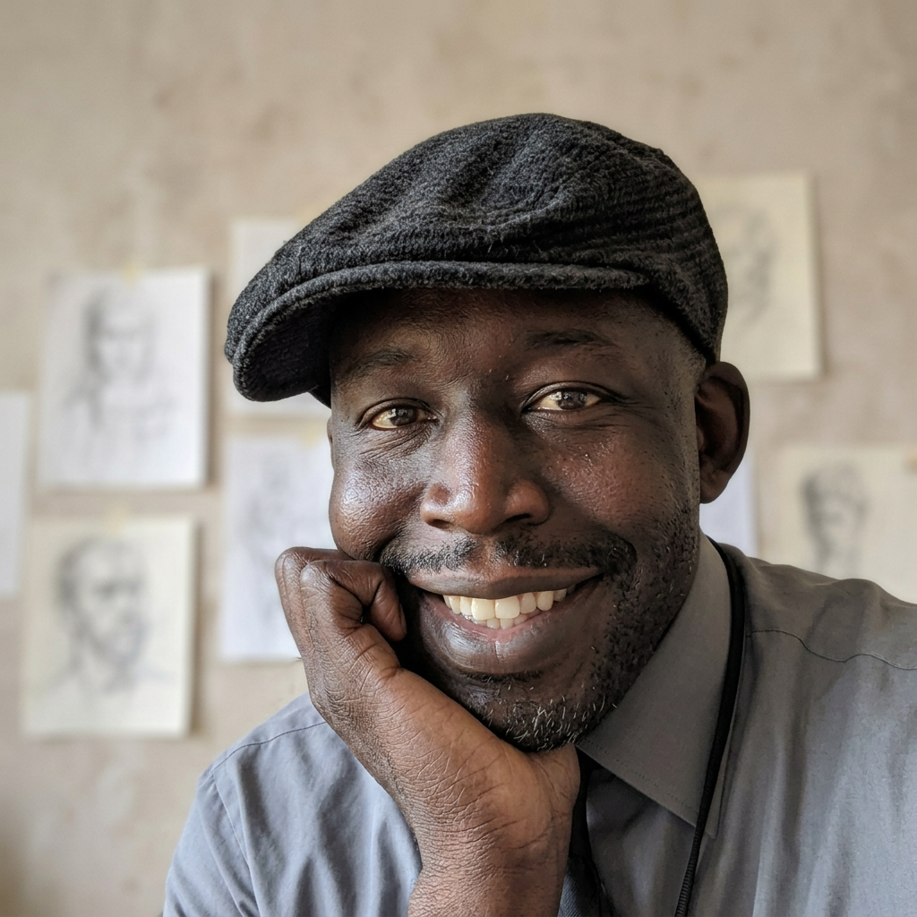 Portrait of 2D animator Akau Anyieth smiling in a flat cap