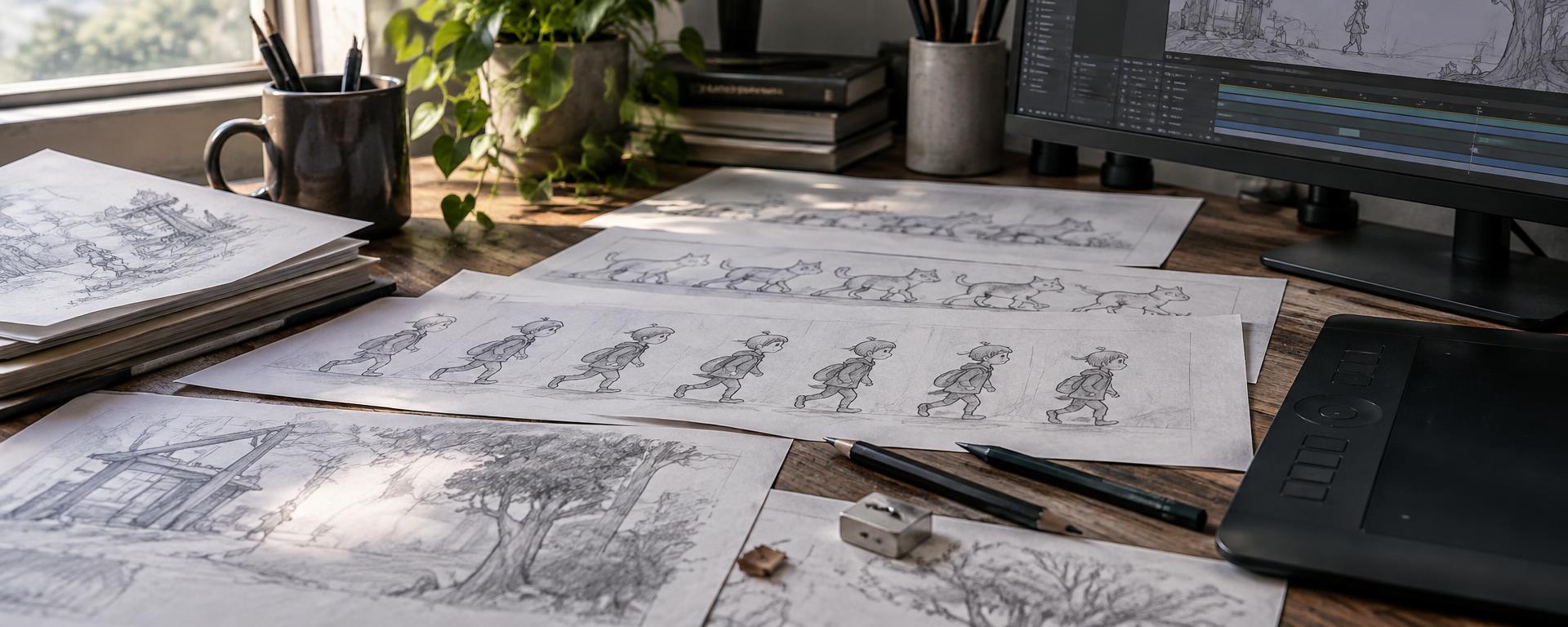 Animation drawings and tools spread across a worktable
