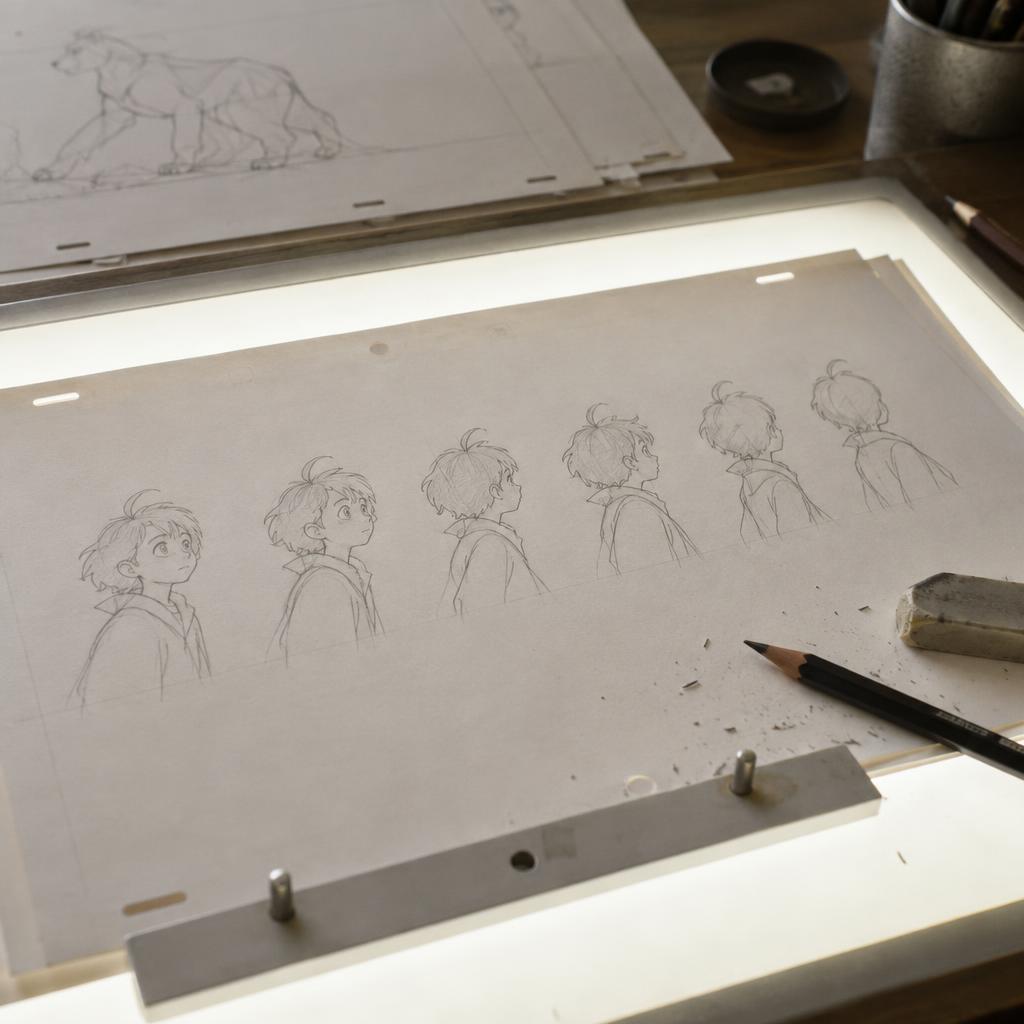 Sequential pencil animation drawings on a glowing light table