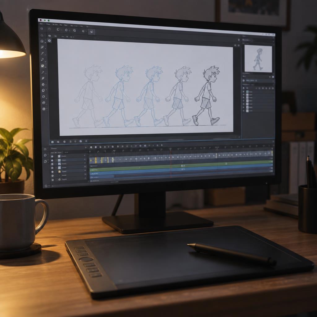 Animation software showing a walk cycle with a pen tablet on the desk