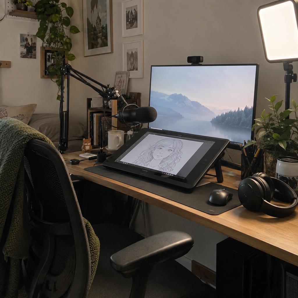 Home streaming setup with microphone, webcam, and pen display