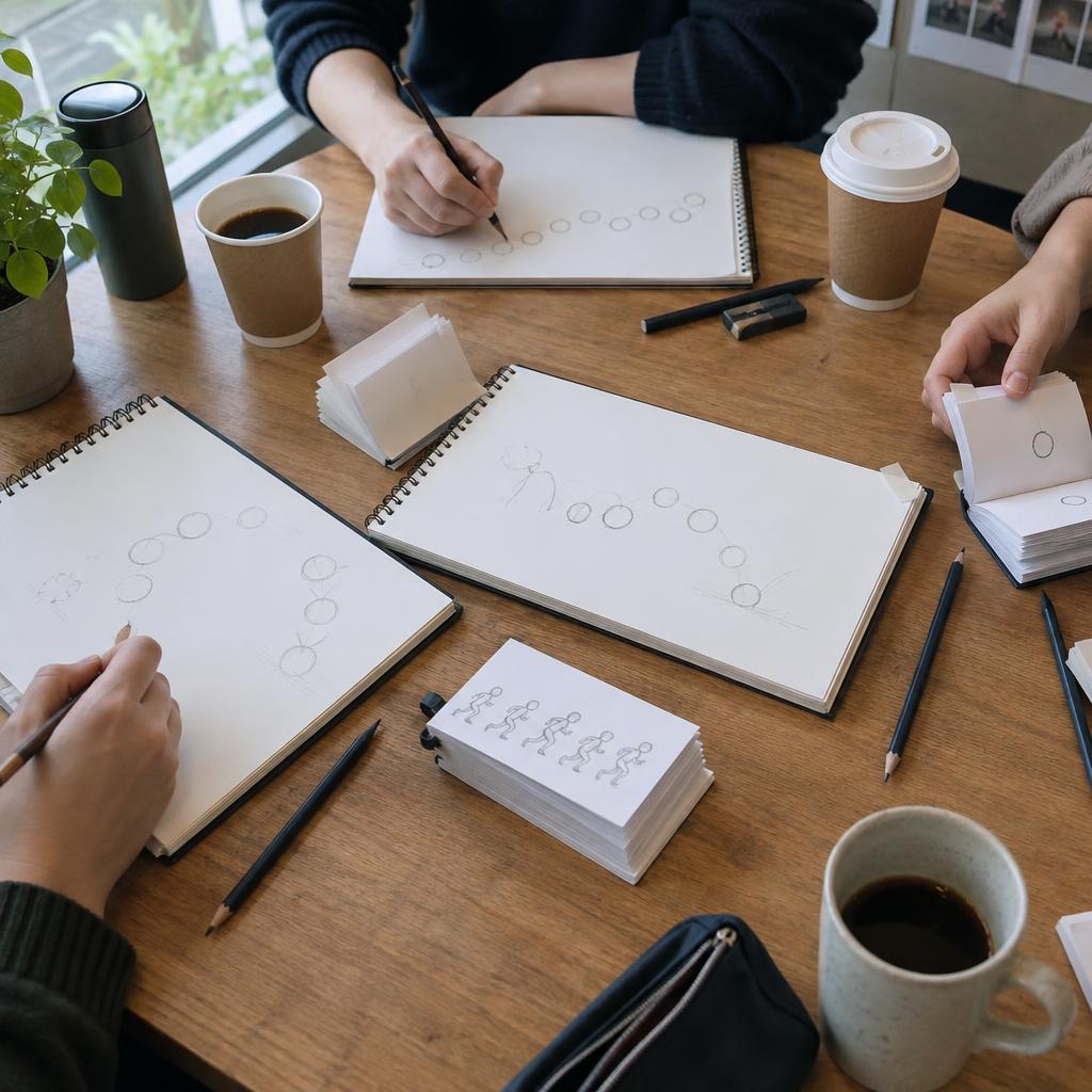 Workshop table with sketchbooks of bouncing ball exercises and flipbooks